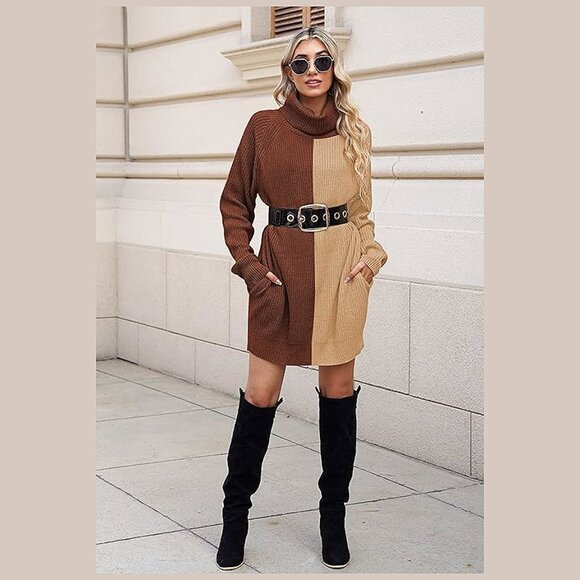 Women's Loose Turtleneck Oversize Long Pullover Sweater Y - Coffee and Khaki - Picture 6 of 8